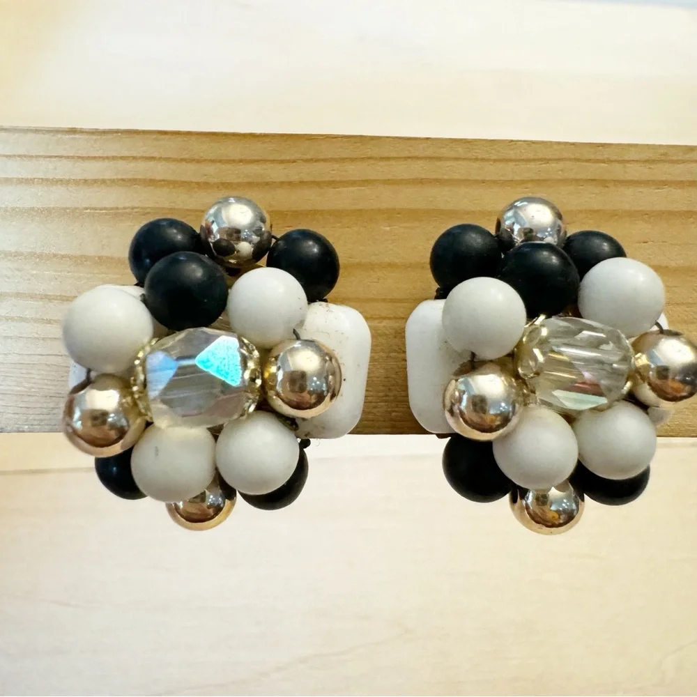 Vintage Milk Glass Crystal Black Gold Bead Clip On Earrings Marked Japan